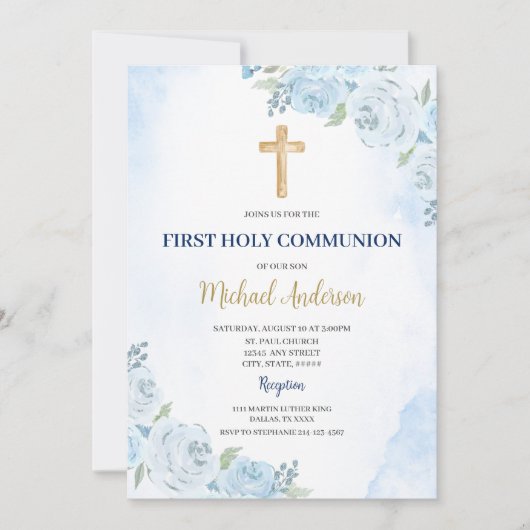 Invitation de première communion florale bleue (Devant)
