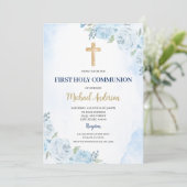 Invitation de première communion florale bleue (Debout devant)
