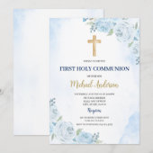 Invitation de première communion florale bleue (Devant / Derrière)