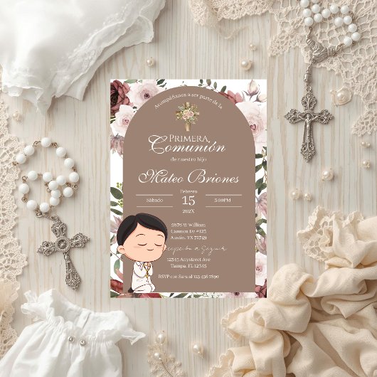 Invitation de première communion florale boho