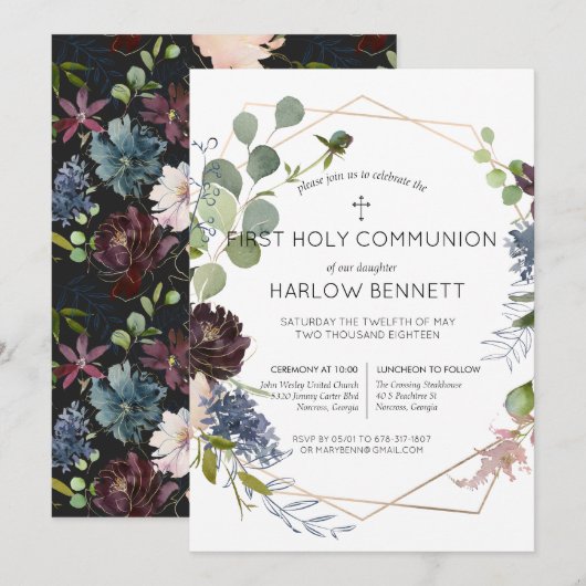 Invitation de première communion florale géométriq (Devant / Derrière)