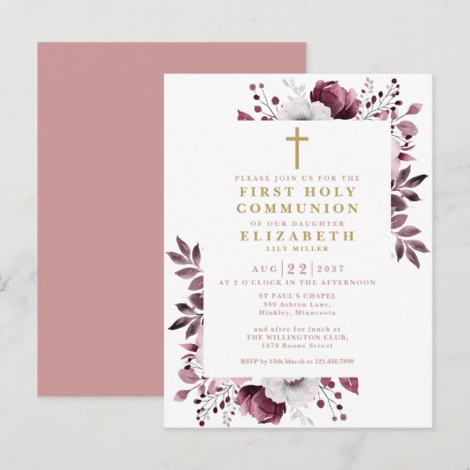 Invitation de première communion florale rose bohè (Devant / Derrière)