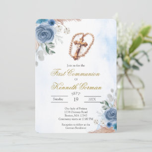 Invitation de première communion florale rose Cruc