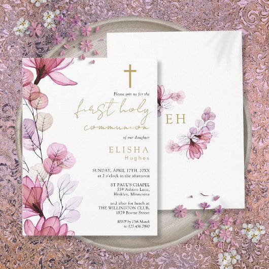 Invitation de première communion florale rose poud