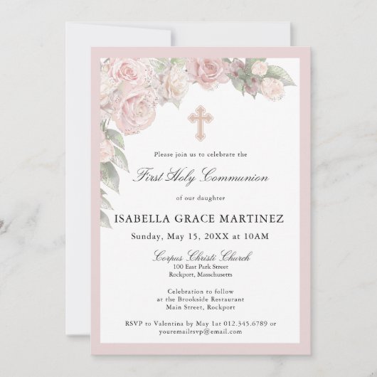 Invitation de première communion florale rose rose (Devant)