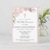 Invitation de première communion florale rose rose (Debout devant)