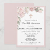 Invitation de première communion florale rose rose (Devant / Derrière)