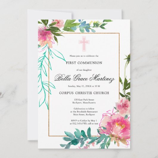Invitation de première communion Pink Peony (Devant)