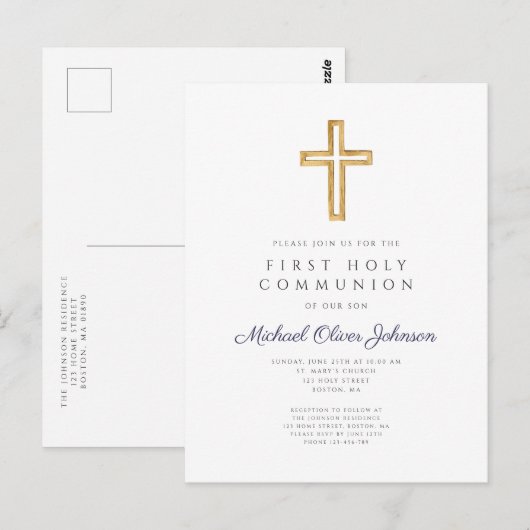 Invitation de première communion religieuse garçon (Devant / Derrière)