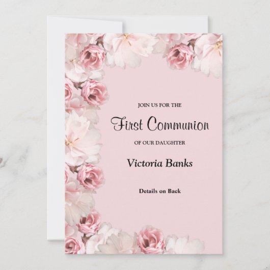 Invitation de première communion rose/blanc Roses (Devant)