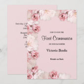 Invitation de première communion rose/blanc Roses (Devant / Derrière)
