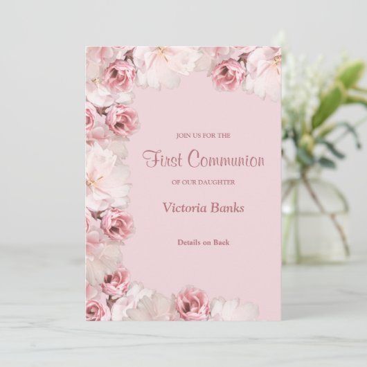 Invitation de première communion rose/blanc Roses (Debout devant)