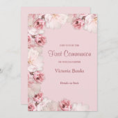 Invitation de première communion rose/blanc Roses (Devant / Derrière)