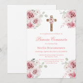 Invitation de première communion rose rose en espa (Devant / Derrière)