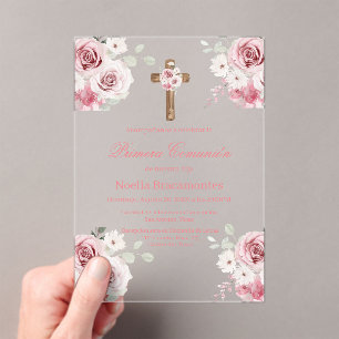 Invitation de première communion rose rose en espa