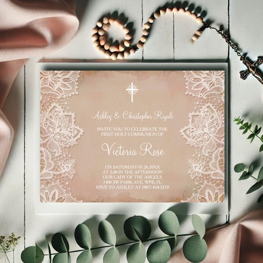 Invitation de première communion rose vintage
