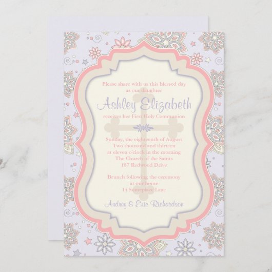 Invitation de première communion rose violet (Devant / Derrière)