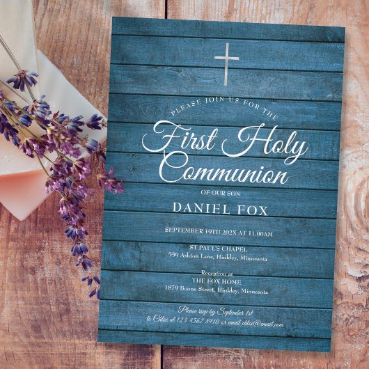 Invitation de première communion rustique bleue en