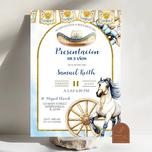 Invitation de présentation de 3 ans Charro bleu ma