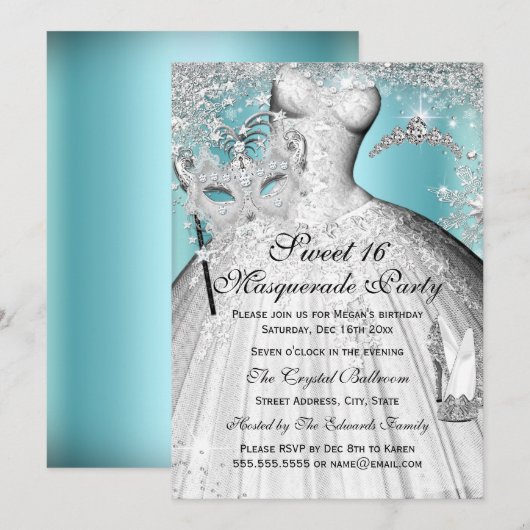 Invitation de Princesse Masquerade Sweet 16 Bleu A (Devant / Derrière)