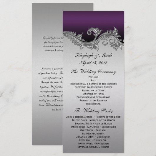 Invitation de programme de mariage argent violet a (Devant / Derrière)