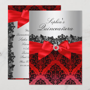 Invitation de Quinceanera à dentelle rouge damassé