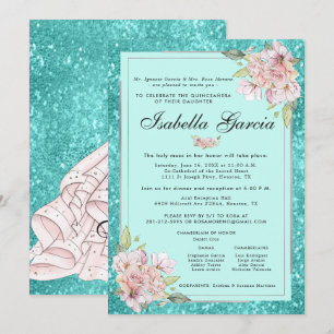 Invitation de Quinceañera à fleurs bleu sarcelle p