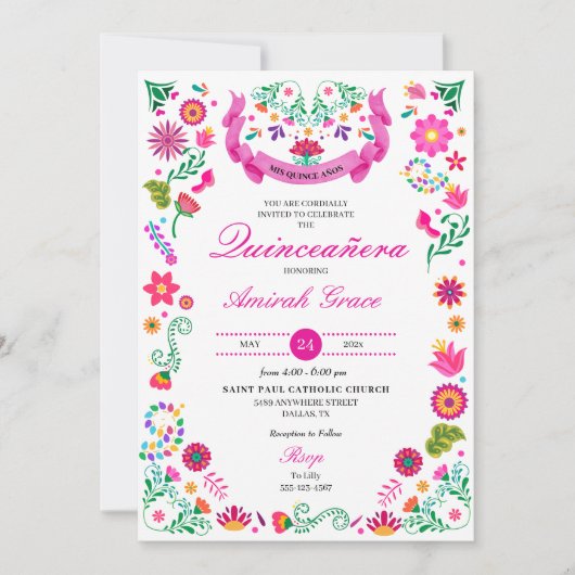Invitation de Quinceañera à la broderie mexicaine  (Devant)
