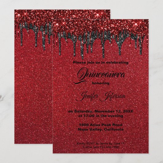 Invitation de Quinceanera à paillettes rouges (Devant / Derrière)