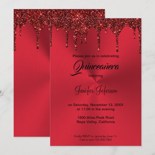 Invitation de Quinceanera à paillettes rouges méta (Devant / Derrière)