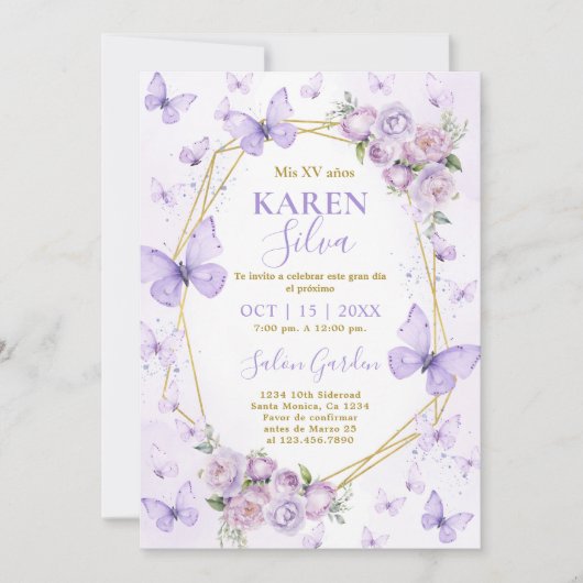 Invitation de Quinceanera à papillon pourpre (Devant)