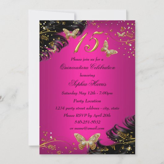 Invitation de Quinceanera à papillon rose et or ét (Devant)
