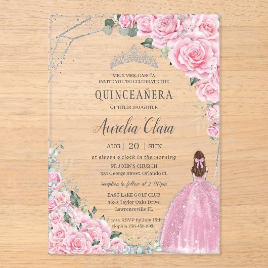 Invitation de Quinceañera Argentée Princesse Fleur (Recto)