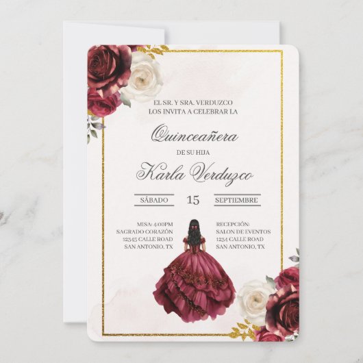 Invitation de quinceañera avec robe rouge (Devant)