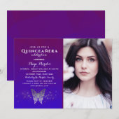 Invitation de Quinceañera bleu royal pourpre (Devant / Derrière)