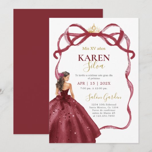 Invitation de Quinceañera Bourgogne (Devant / Derrière)