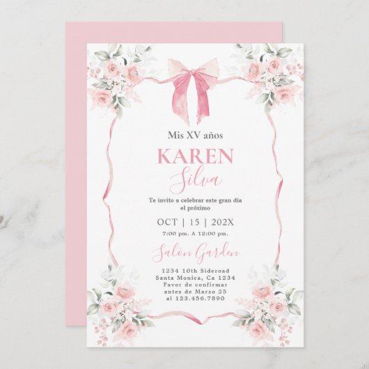 Invitation de Quinceanera Bow Rose (Devant / Derrière)
