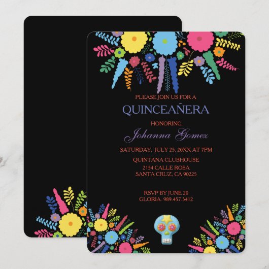 INVITATION DE QUINCEAÑERA DIA DE LOS MUERTOS (Devant / Derrière)