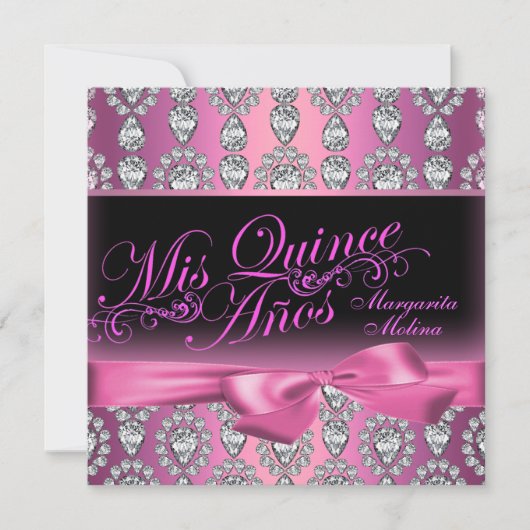 Invitation de Quinceanera Diamant Rose et Bow (Devant)