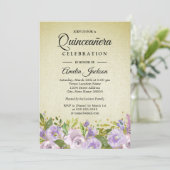 Invitation de Quinceanera doré pourpre floral (Debout devant)