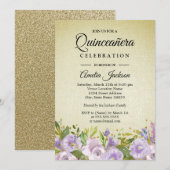 Invitation de Quinceanera doré pourpre floral (Devant / Derrière)