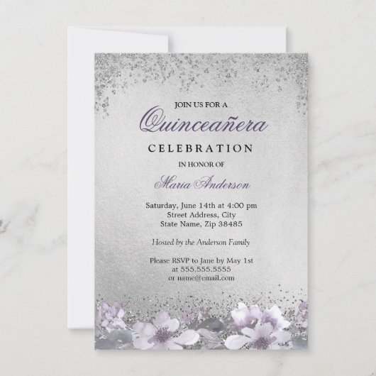 Invitation de Quinceanera en argent fleuri violet (Devant)