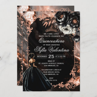 Invitation de Quinceañera en or noir et Rose