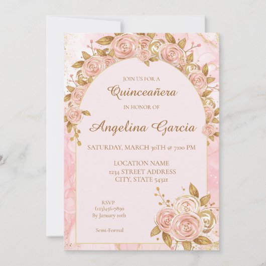 Invitation de Quinceanera en or rose vif (Devant)