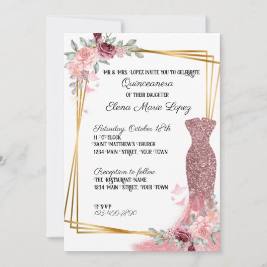 Invitation de Quinceanera, fille florale rose rous (Devant)