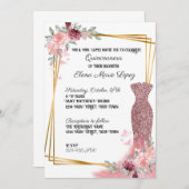 Invitation de Quinceanera, fille florale rose rous (Devant / Derrière)