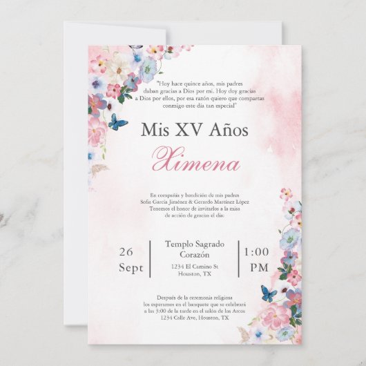 Invitation de Quinceañera fleur de printemps rose  (Devant)
