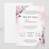 Invitation de Quinceañera fleur de printemps rose  (Devant / Derrière)