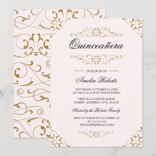Invitation de Quinceanera Fleurie en Or Rose Antiq