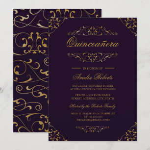 Invitation de Quinceañera Fleurie Or Violet Antiqu